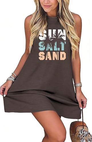 Image of Sun Salt Sand Coconut Tree Tank Mini Dress for Women Sleeveless Beach Praty Shirts Summer Vacation Short Mini Dresses
