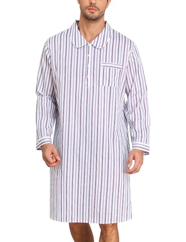 SWOMOG - SWOMOG Men's Nightshirt 100% Cotton Long Sleeve Sleep Shirt Button Down Nightgown Soft Sleepwear Comfy Nightwear (White Stripes, Medium) - Best Deal on Amazon