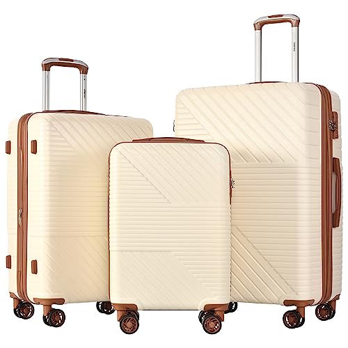 Merax 3 Piece Luggage Sets Abs Expandable Spinner Suitcase With Tsa Lock 20 Inch 24 Inch 28 Inch (White Brown) #TOP19