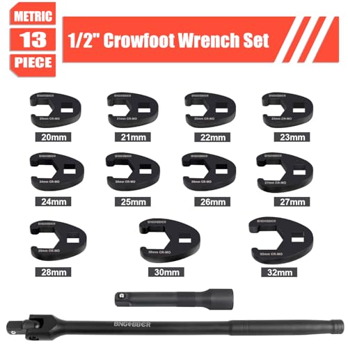 BINGCOBBER 13 Pieces 1/2”Crowfoot Wrench Set,20-32MM Metric Chromium Molybdenum Steel Open End Drive Crows feet Spanners Wrench Set - Image 2