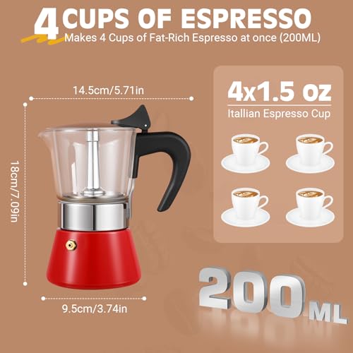 Image of 4 Cup 200ml Glass Moka Pot, Stovetop Espresso Maker, Red | Crystal Glass-top & Stainless Steel Coffee Maker, Induction Compatible, for Greca de Cafe, Cuban and Italian Coffee Brewing