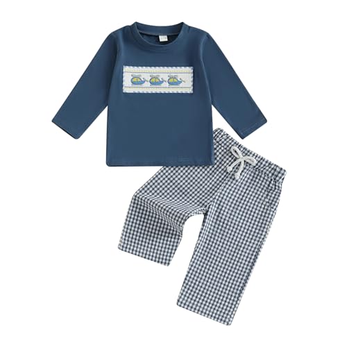 Toddler Baby Boy Fall Outfit Airplane/Boat Smocked Long Sleeve T-Shirt Tops Plaid Pants Set Pilot Planet Clothes