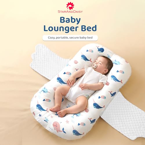 Image of StarAndDaisy Baby Lounger for Newborn - Soft 100% Cotton Baby Nest - Infant Lounger Pillow - Bassinet Mattress with Anti-Startle Design - Portable Baby Floor Seat - Machine Washable Cover (Pink)