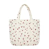 YAMEIZE Bolso de mano de pana de fresa para mujeres y niñas, bolsos grandes con cremallera y bolsillos para la universidad, trabajo, viajes, compras, Cereza blanca