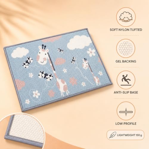 Image of Matz&More Animals Giraffe Kids Floor Mat | 40x60 CM | Blue Pink | Nylon Tufted Gel Baking Anti-Slip | Home School Doormat | Children Play Room Entrance & Child Bedroom