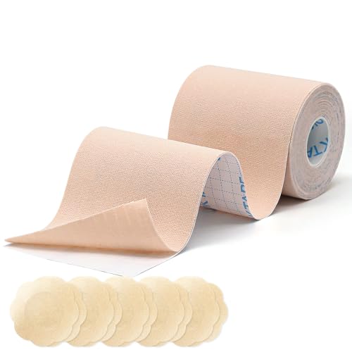 OK TAPE Nastro Adesivo Seno Boob Tapes Reggiseno Nastro Adesivo per Vestiti Nastro con 5 Paia di Copricapezzoli Set Nastro Invisibile per Abbigliamento,7,5cm x 5m,Rosa