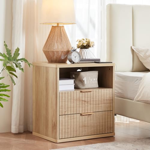 Image of LEYAOYAO Fluted Nightstand Set of 2 with Charging Station,23 inch Modern Nightstand with Wood Grain Top, 2 Drawer End Table w /Storage, BedsideTables for Bedroom, Living Room,Natural