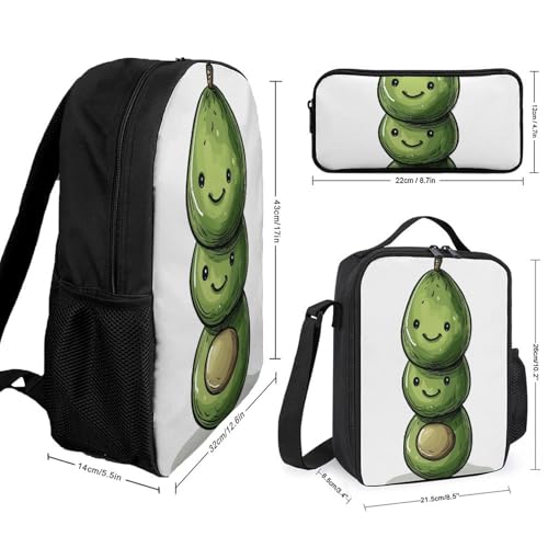 3 Piece Backpack for Women Men Lightweight Causal Daypack Shoulder Bag Set with Insulated Lunch Bag And Pencil Case Organizers Three Green Avocados2
