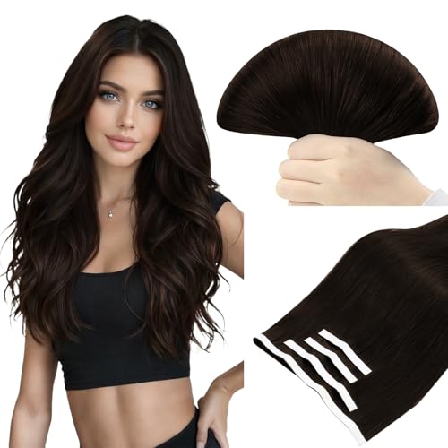 Image of Full Shine Tape in Weft Hair Extensions Human Hair Color 2 Darkest Brown 22 Inch Invisible Seamless Skin Weft Genius Weft Hair Extensions 4PCS Soft and Silky 120g for Party