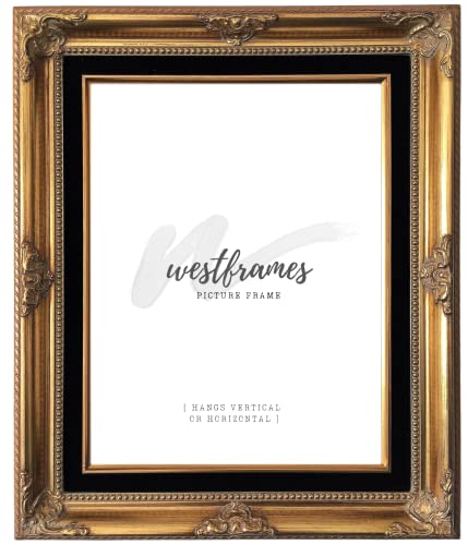 West Frames Estelle Antique Wood Baroque Picture Frame 3" Wide (Gold Black Velveteen Liner, 12" x 16" Empty Frame Only, No Plexiglass)