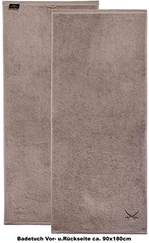 Sansibar Badetuch 90x180 cm – saugstarkes Strandtuch/Saunatuch aus Baumwolle – Oeko-TEX zertifizierter Frottee – Sylt-Design mit gesticktem Säbel-Logo – Taupe