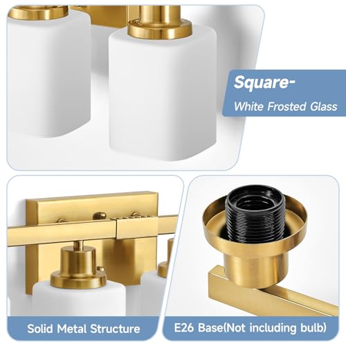 Image of Brushed Gold Bathroom Vanity Light,6-Light Bathroom Light Fixtures with Square Frosted Glass,Gold Bathroom Wall Lamp Sconces for Mirror Bedroom,Living Room Hallway,E26