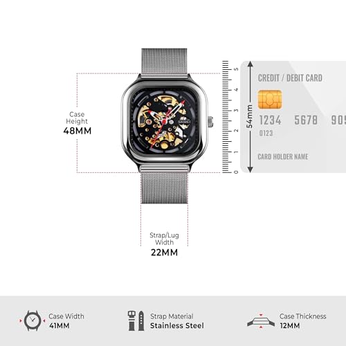 Image of SKMEI Automatic Mechanical Fashion Formal Analog Watch, Black Dial Zink Alloy Case Men's Watch, Stainless Steel Black Color Bracelet Mesh Band,30m Water-Resistant Watch for Men - 9184