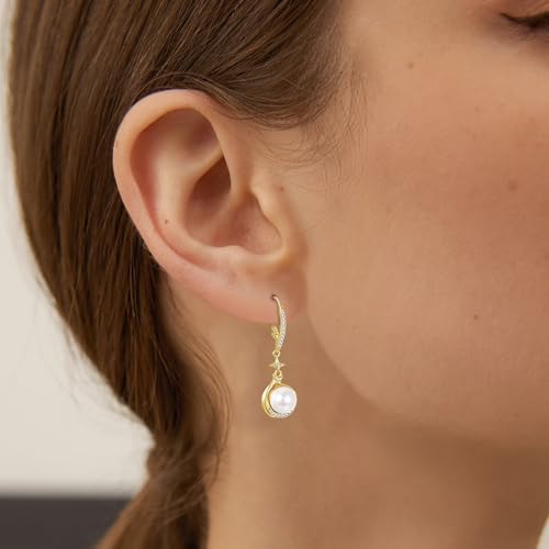 Pearl Drop Earrings for Women - 925 Sterling Silver /14K Gold Plated Dangle Earrings 8mm Round White/Black Pearl Cubic Zirconia Jewelry - Image 4