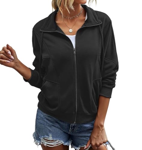 INFITTY Womens Jacket Zip Up Lapel Long Batwing Sleeve Sweatshirt Lightweight Loose Fit Casual Tops Black Size Medium
