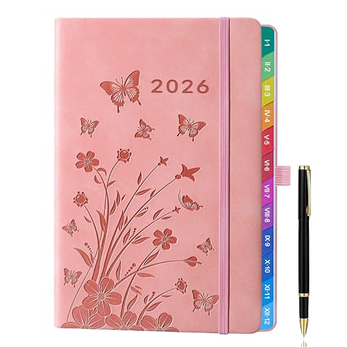 Agenda 2026 A5 Semana Vista (Enero–Diciembre) – Diseño Floral Rosa, Pestañas Mensuales A Color, 2 Marcadores, Soporte Para Bolígrafo, Lazo Elástico Y Bolsillo Interior
