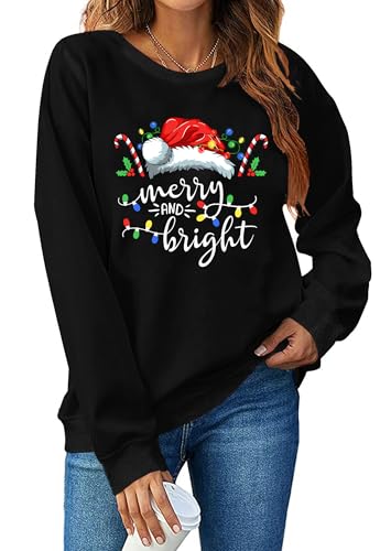 Image of Christmas Sweatshirt Women Merry and Bright Christmas T-Shirt Funny Xmas Lights Blouse Tops Holiday Shirts