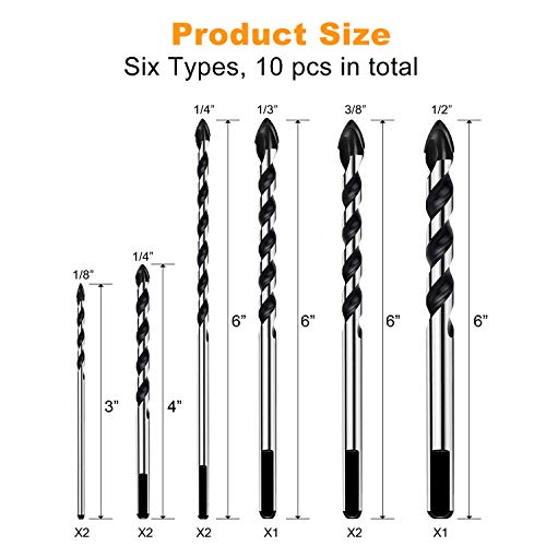 Masonry Drill Bits, ZINMOND 10 Piece Tile Drill Bits Set, Glass Drill Bit, Tungsten Carbide Material Drill Bit for Brick, Marble, Plastic, Wood, Mirrors, Cinder Block, etc.