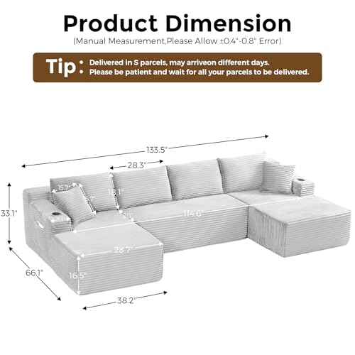 Image of 133 inch Oversized Cloud Boneless Sofa Couch with Chaise, Modern Corduroy Modular Sectional Sofa with Deep Seat, Comfy Couch with cupholders and Storage, No Assembly Required-Light Grey