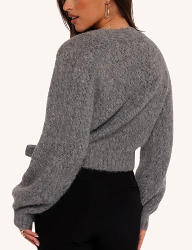 Esmeling Women Bow Tie Wrap Sweater V Neck Lantern Sleeves Knitwear Solid Pullover Cropped Cardigan2