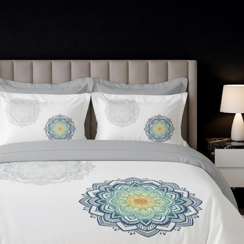 Image of LANE LINEN 100% Cotton Printed King Size Bedsheet - White Grey | OEKO-Tex Certified, 250TC, Fits King & Double Bed, Mandala Print, Breathable & Wrinkle-Free, Includes 2 Pillow Covers