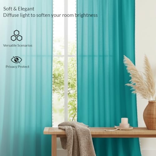 Image of HOMEMONDE Sheer 10 Feet Curtains with Decorative Side Border Pompom Curtain for Long Door, Linen Textured Light Filtering, Rod Pocket, 1 Piece - (304 CM, Blue)