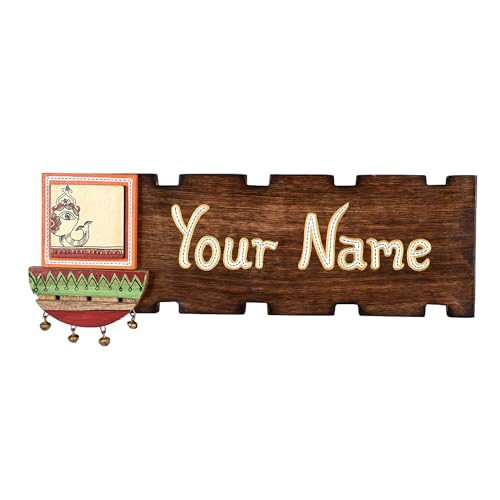 Image of Aakriti Art Creations Madhubani Welcome Handcrafted Madhubani Folk Art Solid Wood Nameplate for Home Entrance | Traditional Name Plate for Home Entrance Outdoor | Wooden Name Plate | Name Plate for