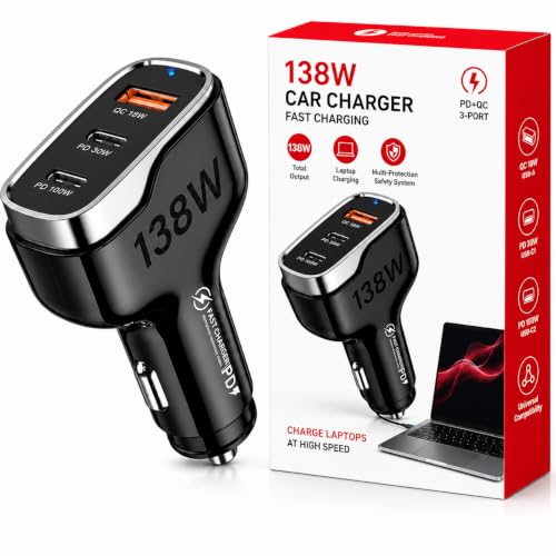 Image of Primate 138W USB C Car Charger, 3-Port Fast Car Charger with 100W PD USB-C & 30W PD Type C + 18W QC3.0 USB-A, Super Fast Car Charger Adapter for MacBook, iPhone 16 /15 /14, Samsung, iPad, Laptop