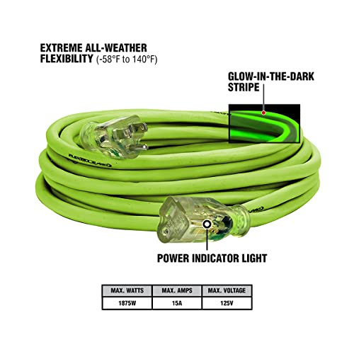 Image of Flexzilla Pro Extension Cord, 14 /3 AWG SJTW, 25 ft, 3 Pin, Lighted Plug, Indoor /Outdoor, ZillaGreen - 721-143025FZL5F