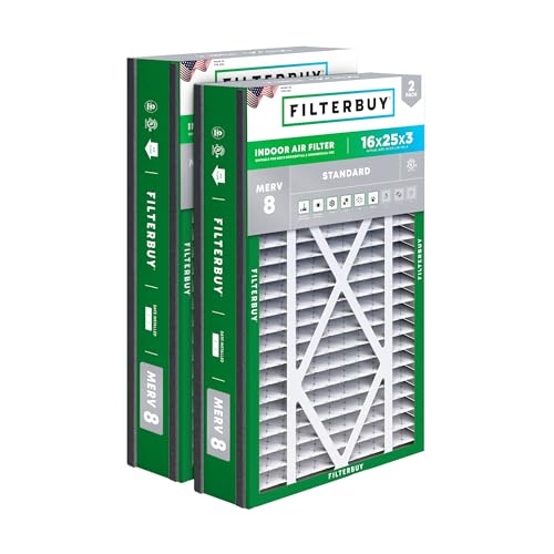 Image of Filterbuy 16x25x3 Air Filter MERV 8 Essential Dust & Allergy Defense (2-Pack), Electrostatic Pleated HVAC AC Furnace Filters for Trion Air Bear, Lennox X0581 & More (Actual Size: 15.63 x 24.13 x 3.00)
