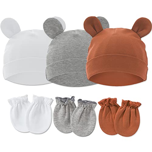 Image of Newborn Hat and Mitten Set 3-Pack Baby Soft Bear Ears Beanies Cap & No Scratch Mittens for 0-3 Months Boys Girls(White & Grey & Camel)