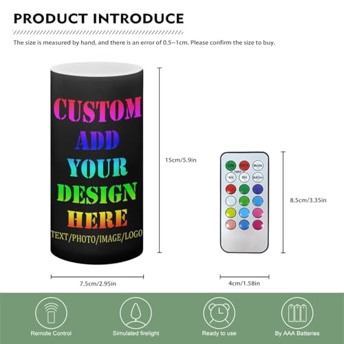 Image of Poceacles Custom Flameless Candles Personalized Pillar Candle Home Table Ornaments, Custom Your Image /Photo /Text LED Candles with Color Changing Timer Remote Fake Candle Home Decoration