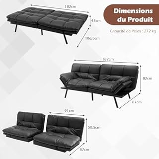 COSTWAY Canapé-Lit Convertible 5 en 1 avec Dossier et Accoudoirs Réglables, Canapé Futon 3 Places en Mousse à Mémoire, Pieds Métalliques, pour Petits Appartements, Salon, Bureau, Charge 273 kg (Noir)
