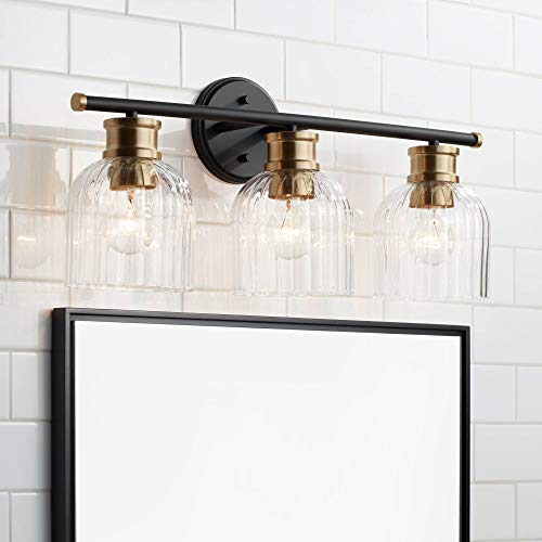 Image of Stiffel Lana Mid Century Modern Wall Light Black Warm Brass Hardwired 23 inch 3-Light Fixture Clear Fluted Glass Shade for Bedroom Bathroom Mirror Vanity Reading Living Room Hallway House