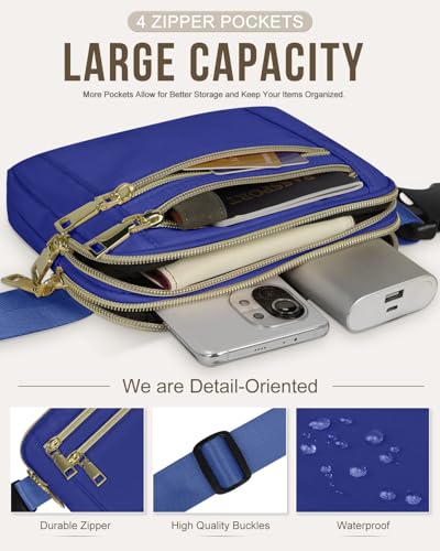Image of Fanny Packs for Women 4 Zip Pocket Crossbody Belt Bag Waist Bags | Waterproof, Fashion Waist Pack, Crossbody Bags for Women, with Adjustable Strap, for Workout,Running,Traveling(Blue,M)