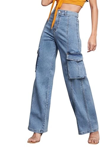 Image of Miss Chase Women's Wide-Leg High-Rise Regular-Length Stretchable Patch-Pocketed Denim Jeans (MCSS24DEN79-02-402-34, Electric Blue, 34)
