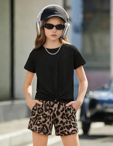 Image of Arshiner Girls Clothing Sets Twist Front Top and Shorts 2 Piece Outfits Activewear Tracksuit 5-14 Year