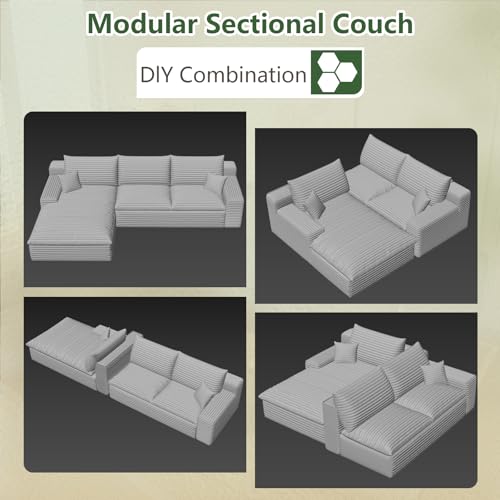 Image of 107 inch Cloud Couch Modular Sectional Sofa for Living Room, L-Shape Boneless Couch with Deep Seat, Modern Corduroy 3-Seater, No Assembly Required (Green,Left-Facing Chaise)