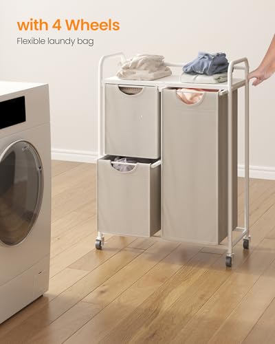 Hzuaneri Laundry Basket 3 Compartments, 1 x 64L, 2 x 32L, Laundry Hamper with 1 Shelf, Laundry Sorter, Removable Laundry Bag, for Bathroom, Laundry Room, White LB08703W - Image 2