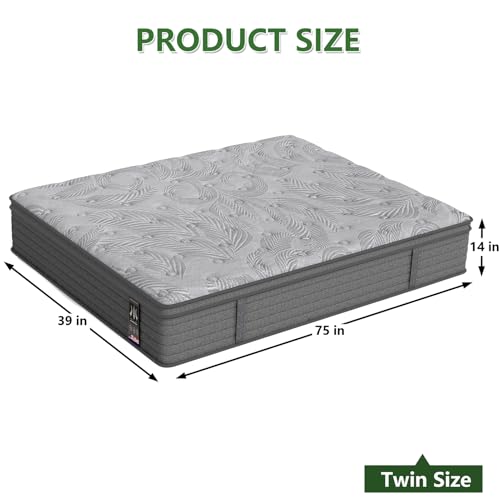 Image of Twin Mattress 14 inch, Medium Firm Hybrid Mattresses with Gel Cooling Memory Foam and Pocket Springs, Twin Mattress in a Box, Pressure Relief, Motion Isolation,Grey