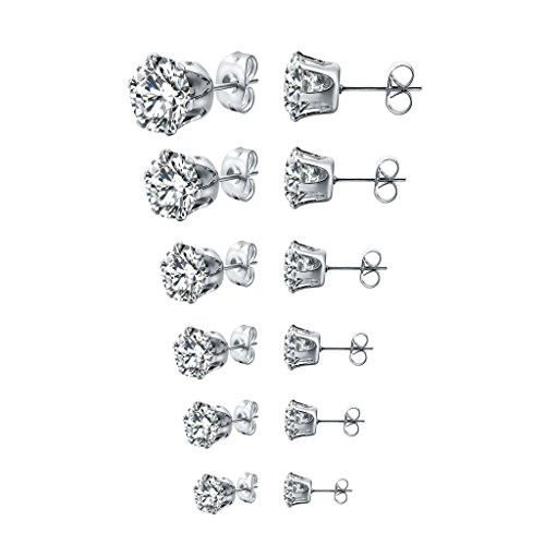Long Way Stainless Steel Stud Earrings set Cubic Zirconia Inlaid,3mm-8mm 6Paris
