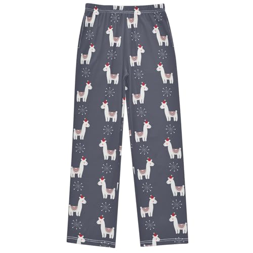 Boy's Lounge Pants Cute White Lama Christmas Hat Kids Jogger Pants Elastic Waist Long Bottoms with Pockets 6-14 Y