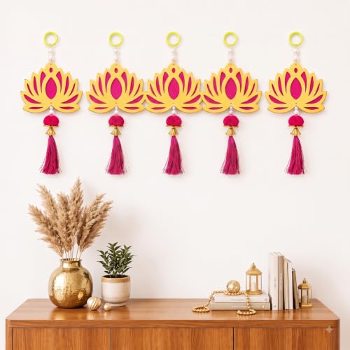 Image of JH Gallery Pink Tassel Lotus for Ganpati Decoration Items for Home - Handmade Ganesh Chaturthi Backdrop Decoration, Mandir & Balcony Hanging (8 Inch, Pack of 5)