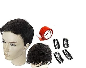 Majik Hair Patch, Wigs with Pre Cut for Men, Size 8x6, Black (Free Wig Tape, and 4 Clips)