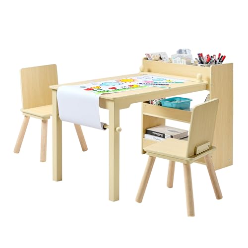 VEVOR Kindertisch mit 2 Stühlen & 3-stöckigem Aufbewahrungsschrank, Maltisch Set zum Lesen Lernen Zeichnen Schreiben, Kindersitzgruppe Kindertagesstätte, Basteltisch Schreibtisch, helles Holz