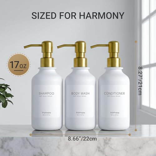 Modern Shampoo and Conditioner Dispenser Set of 3, 17oz Refillable Shower Soap Bottles with Stainless Steel Pumps & Waterproof Labels for Shampoo, Conditioner & Body Wash, Boutique Bathroom Decor - image 6