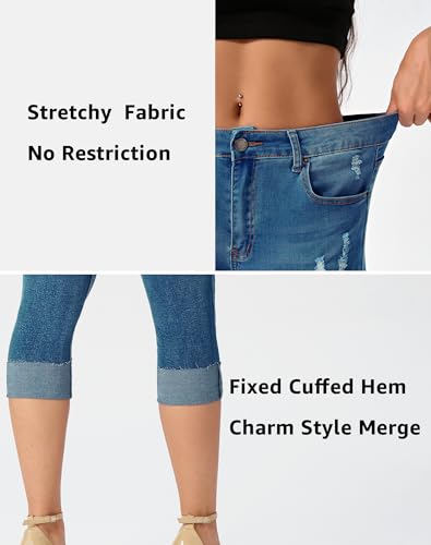 roswear Women's Ripped Stretchy Capri Jeans Mid Rise Cuffed Petite Denim Pants4