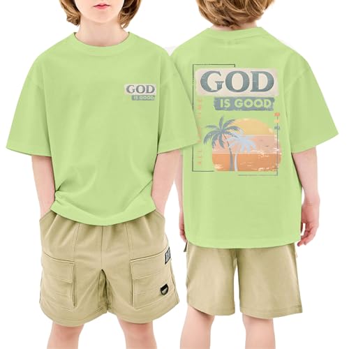 Image of KEEVICI Boys God is Good Shirt Christian Faith Shirts for Kids Jesus Beach Palm Tree Hawaiian Tshirt Graphic Tees Cotton Tops