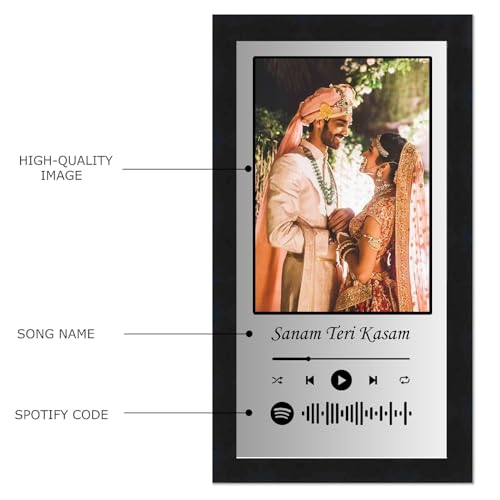 Image of Personalized Gift Musical Wall Rectangular Photo Frame - Customized Spotify Song With Scanable Barcode For Wedding And Couple Gifts - Size (6X12) Inch, Grey & White | 1 Piece Rectangle, Wood