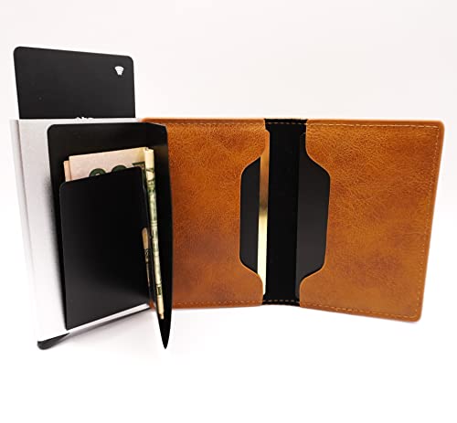 Leather and Carbon Fiber Slim Wallets, Modern POP-UP aluminum casing and TRIFOLD hybrid, RFID block, Minimalist, (Brown Leather)3